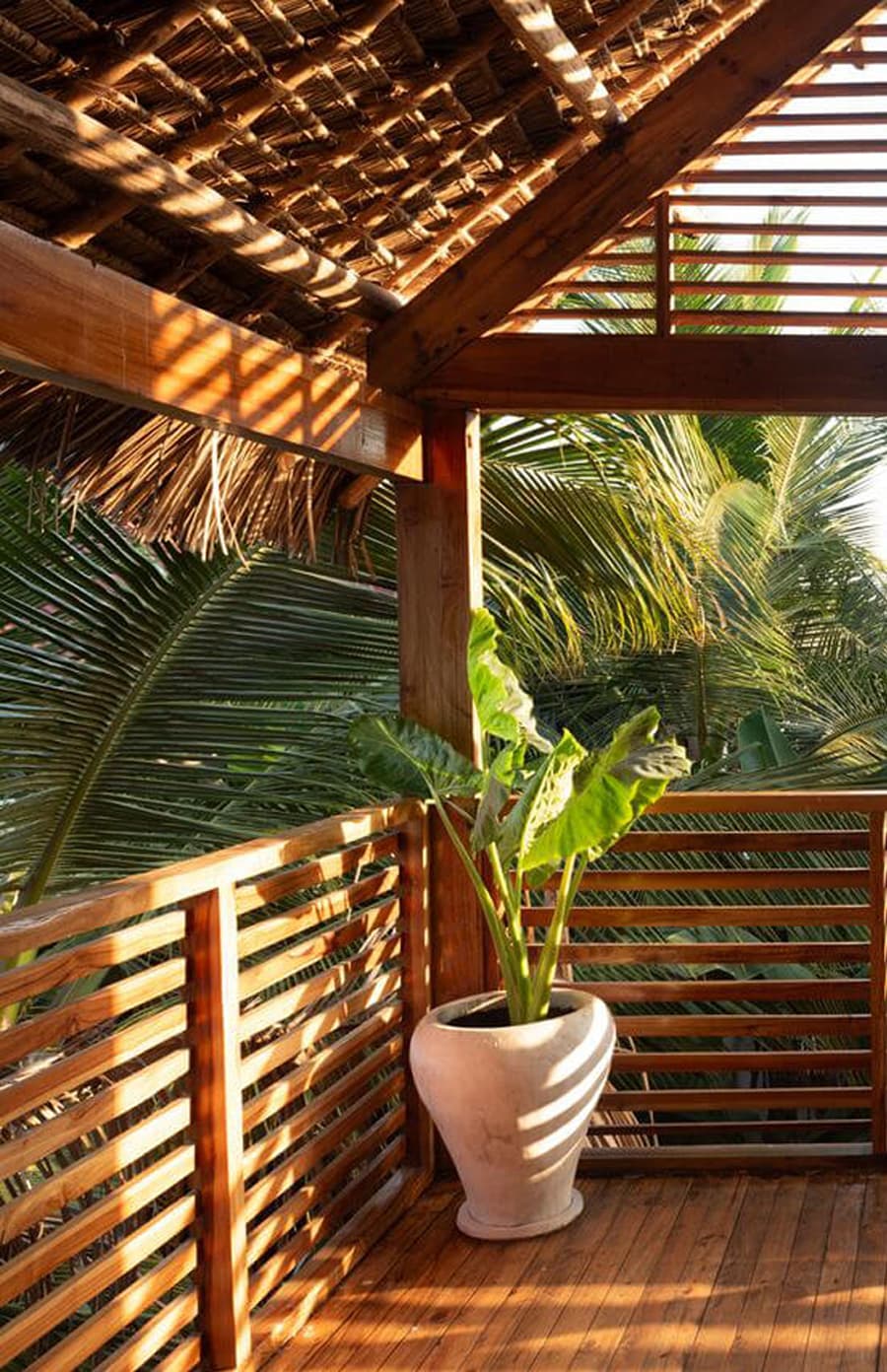 Terrace with thatched roof and tropical plants