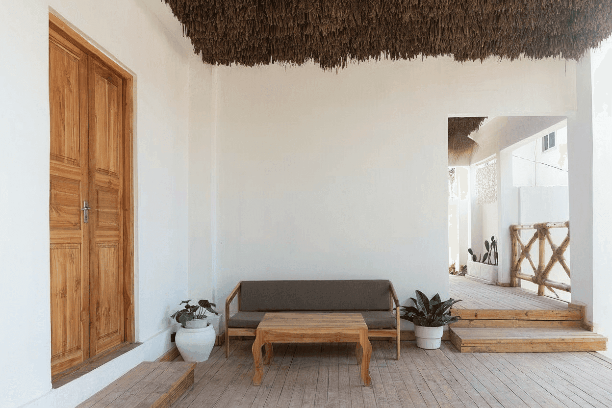 Interior lounge with thatched ceiling